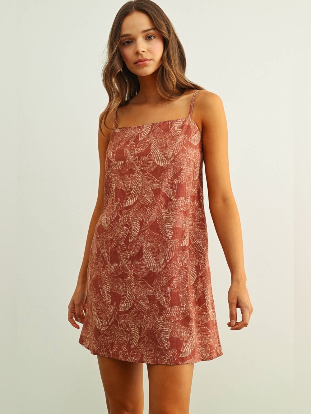 Tropical Linen Mini Dress - Rust terracotta red floral vacation summer casual
